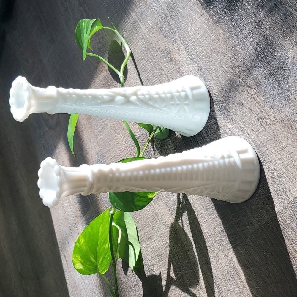 (2) Anchor Hocking stars and bars embossed milk glass vases